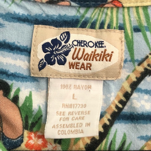 Vintage Cherokee Waikiki Hawaiian Camp Shirt 100% Rayon Large Hula Beach Scene - Picture 6 of 6